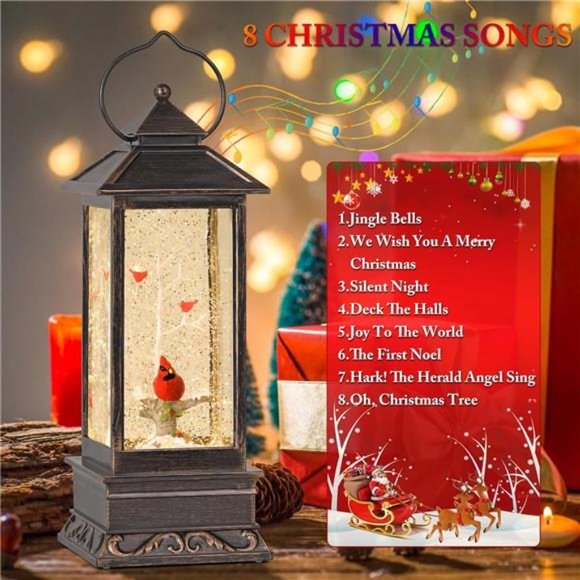 Cardinal Christmas Decor, 12 Inch Musical Snow Globe Lantern, Battery Operated - Picture 6 of 7